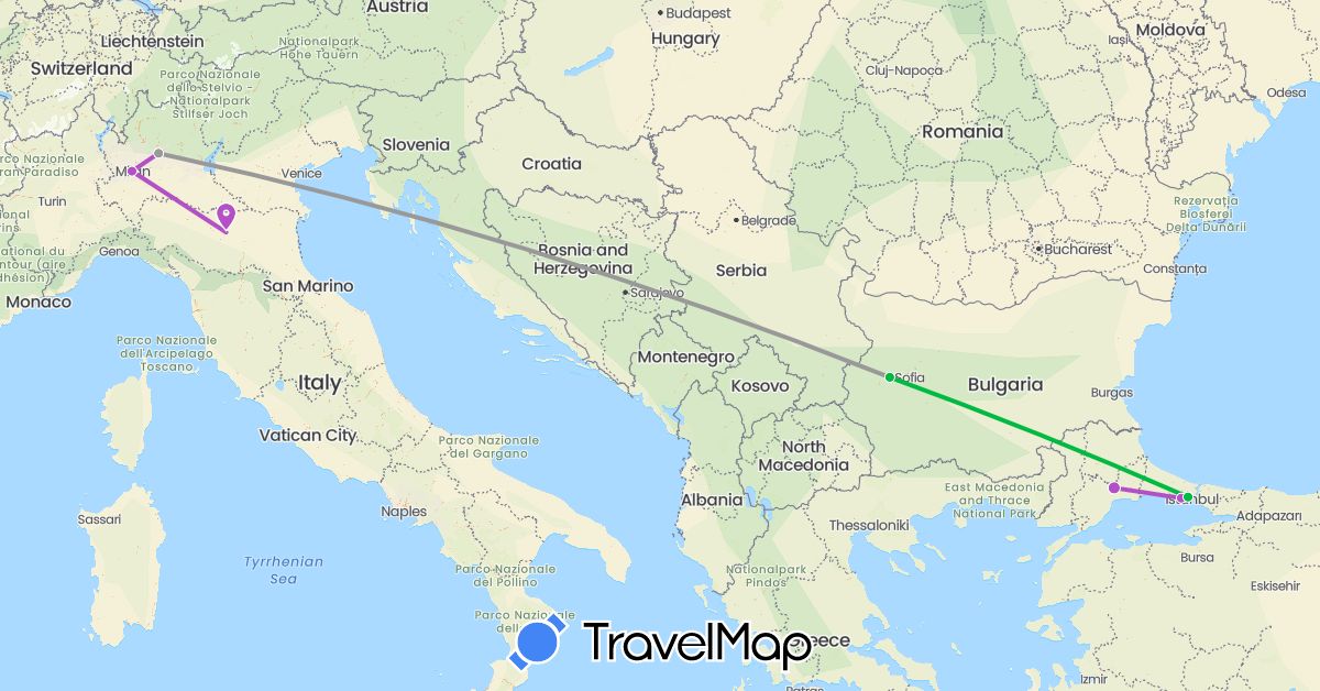TravelMap itinerary: driving, bus, plane, train in Bulgaria, Italy, Turkey (Asia, Europe)